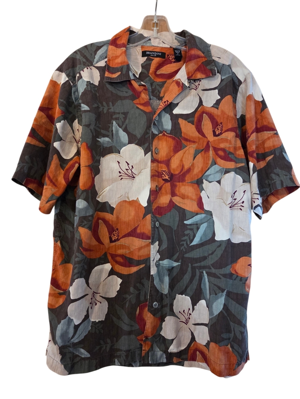 Brandini Tropical Print Short Sleeve Shirt 100%Silk  Vacation Beach Size Medium